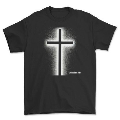 Black 1 Corinthians 1:18 Christian T-shirt with white cross design