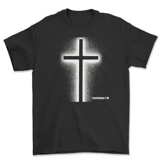 Black 1 Corinthians 1:18 Christian T-shirt with white cross design