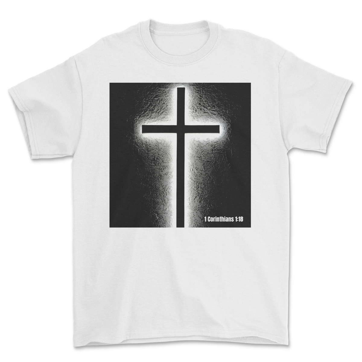 White 1 Corinthians 1:18 Christian T-shirt with black cross design