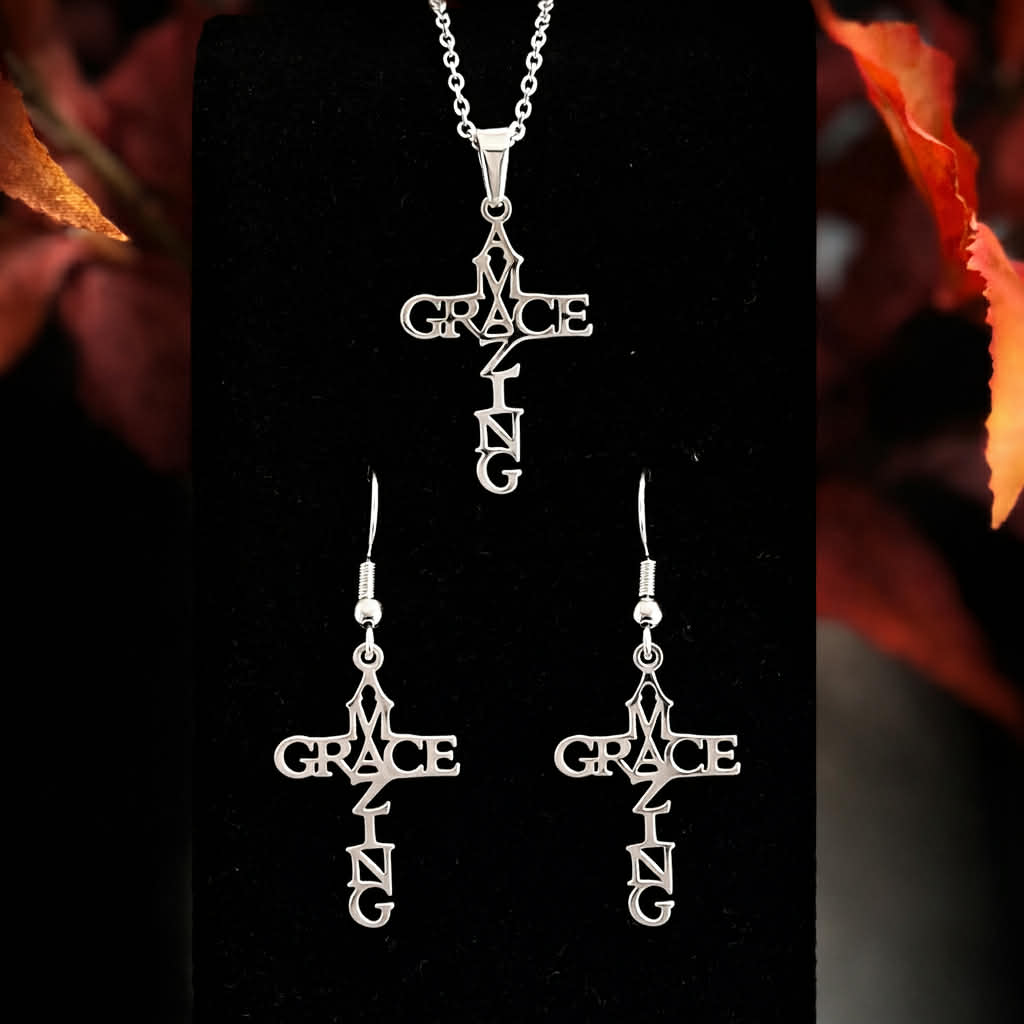 Silver Amazing Grace cross necklace with matching earrings