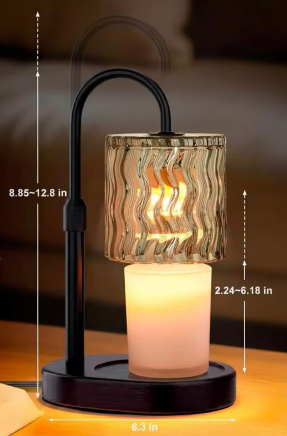 Black adjustable-height candle warmer lamp showing lamp and candle size dimensions
