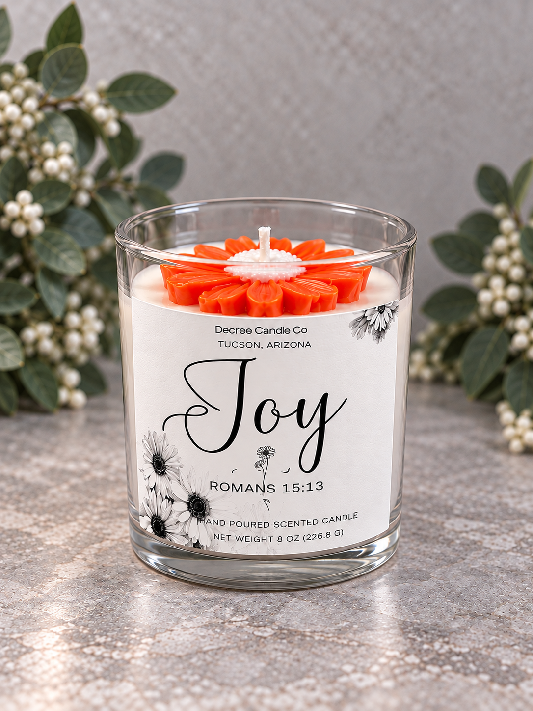 Joy themed Christian candle by Decree Candle Co. with fruity fragrance