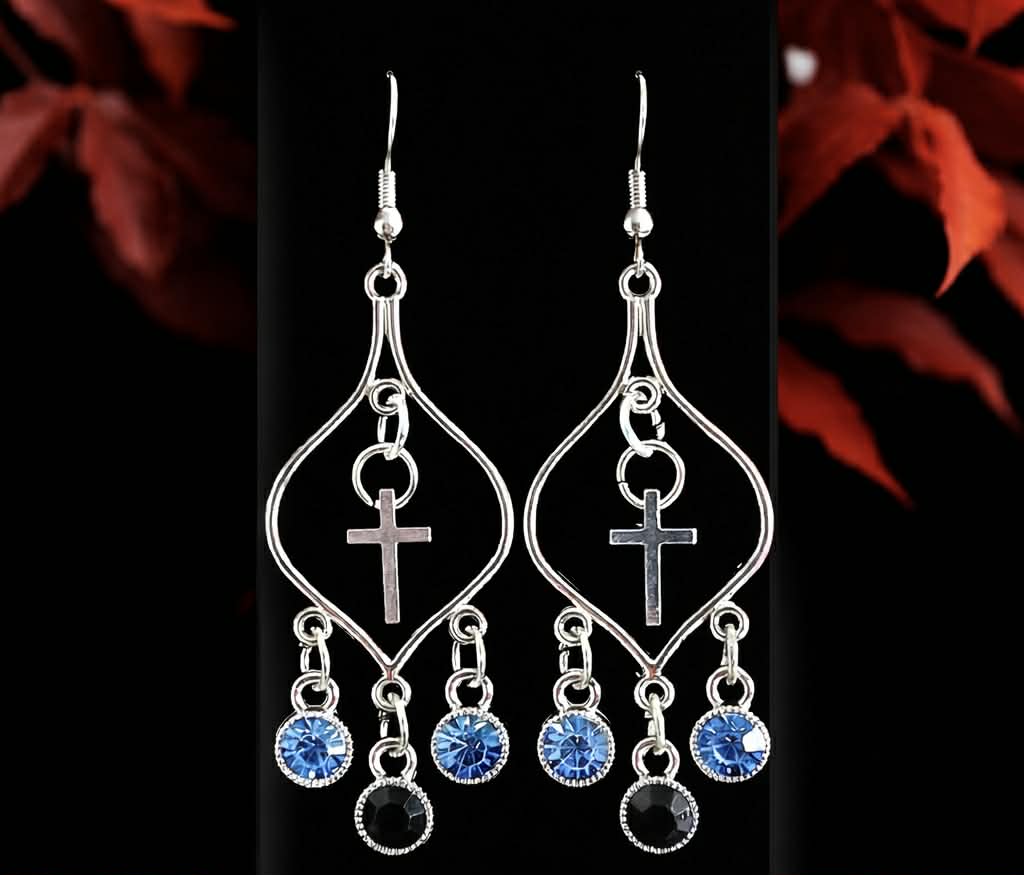 Silver Faith cross chandelier earrings with blue gemstone-style drops