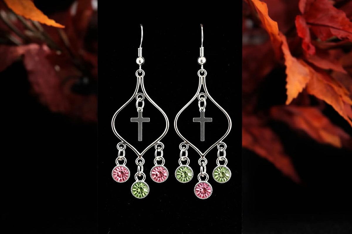 Silver Faith cross chandelier earrings with pink and green gemstone-style drops
