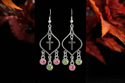 Silver Faith cross chandelier earrings with pink and green gemstone-style drops