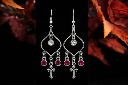Silver Faith cross chandelier earrings with pink gemstone-style drops