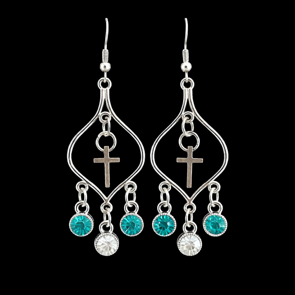Silver Faith cross chandelier earrings with turquoise and clear gemstone-style drops