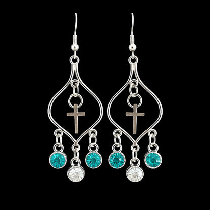 Silver Faith cross chandelier earrings with turquoise and clear gemstone-style drops