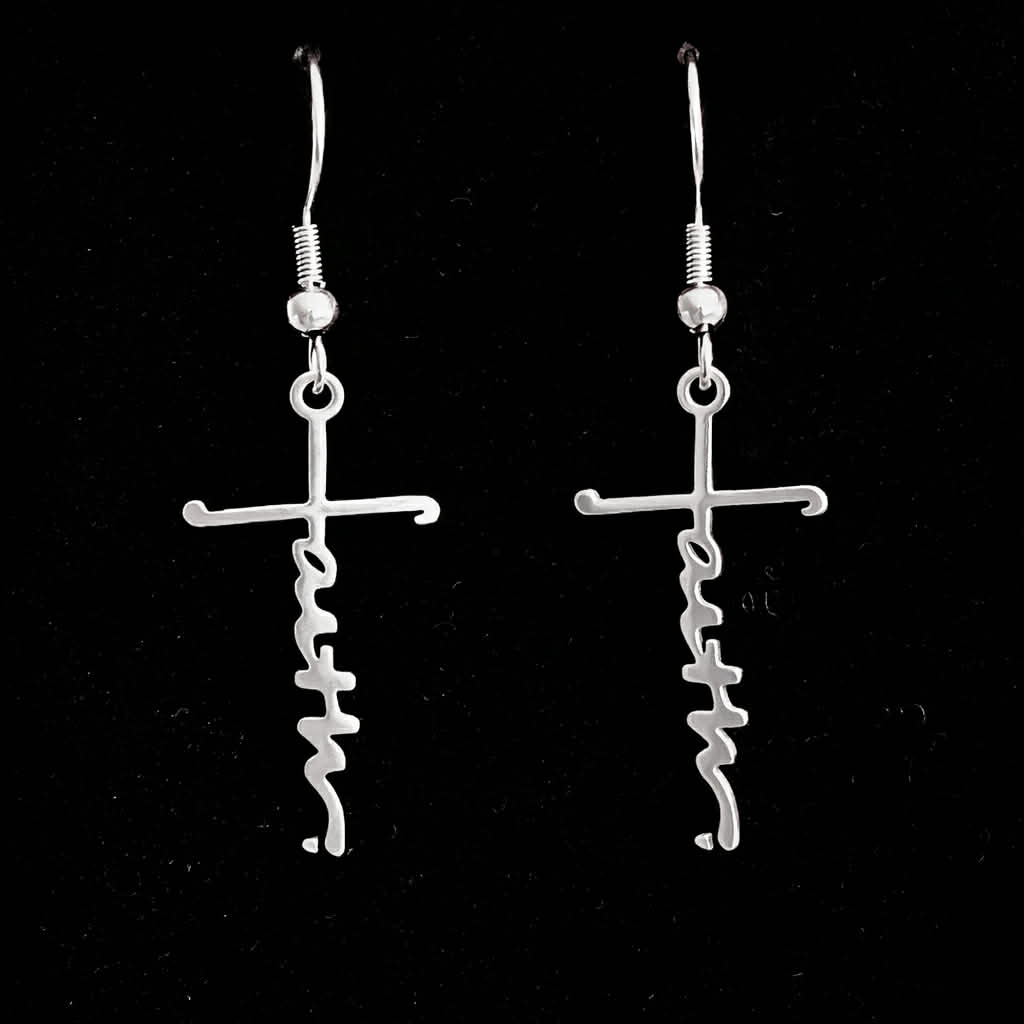 Silver Faith Cross dangle earrings on black background