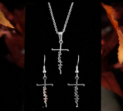 Silver Faith cross pendant necklace with matching earrings