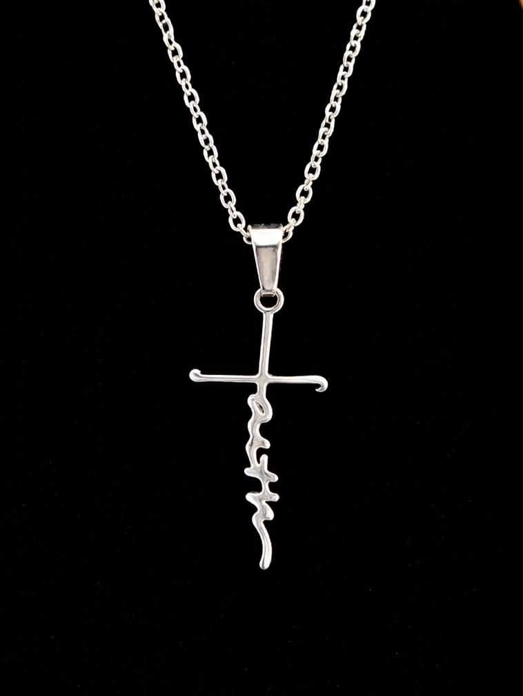 Silver Faith Cross pendant necklace on black background