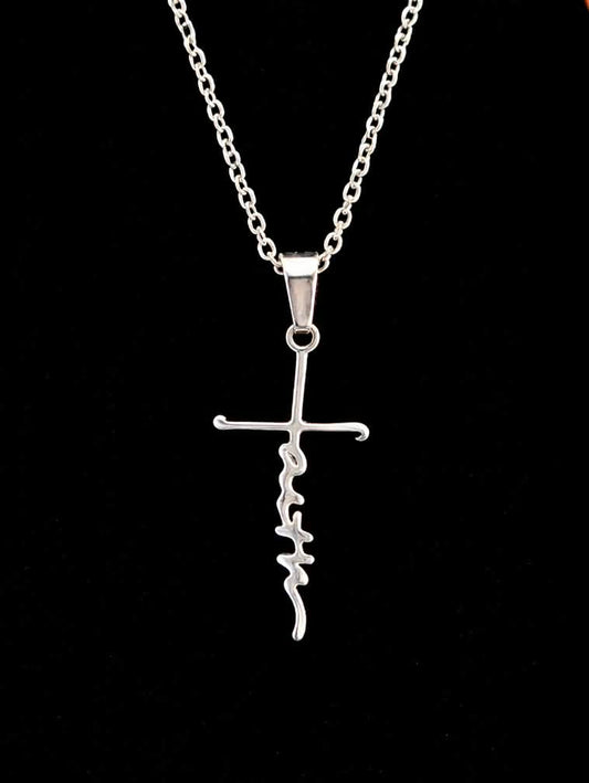 Silver Faith Cross pendant necklace on black background