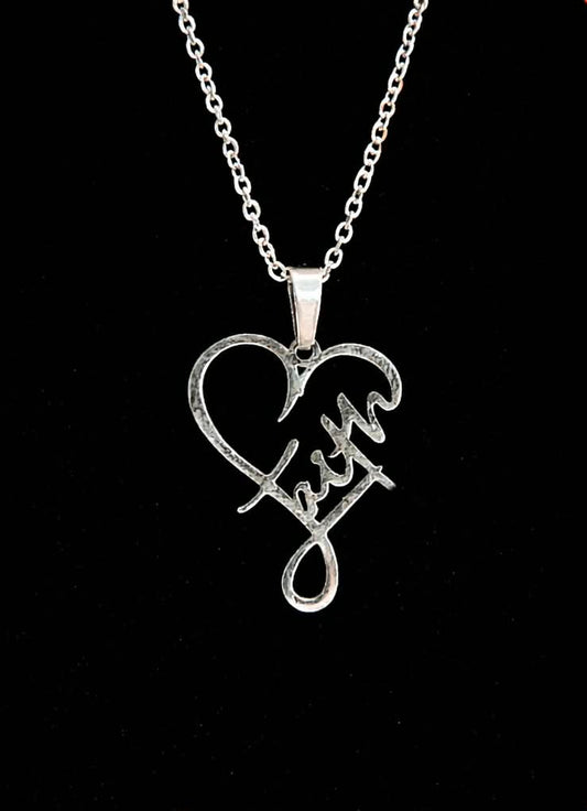 Silver Faith heart necklace with script Faith pendant.