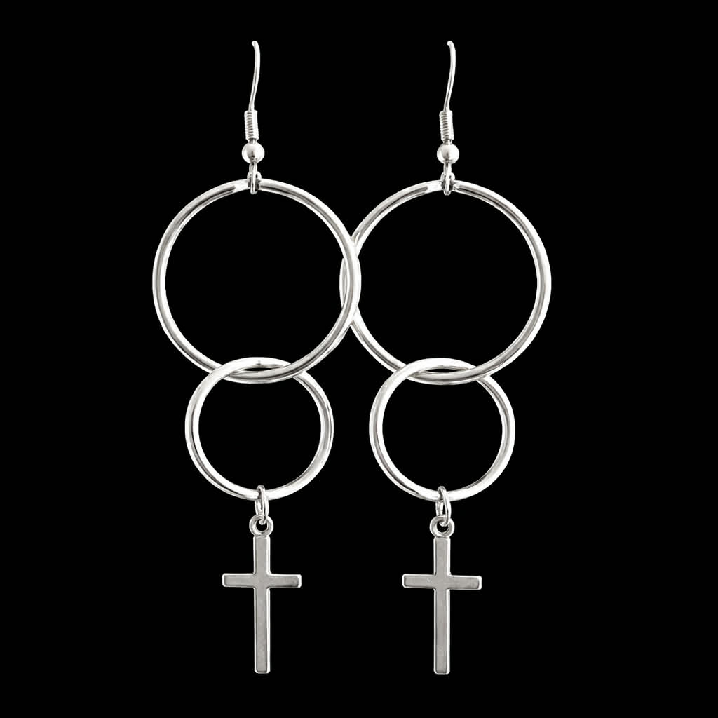 Silver Faith Is Key Christian earrings with double rings and dangling cross charms