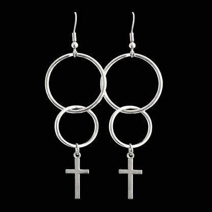 Silver Faith Is Key Christian earrings with double rings and dangling cross charms