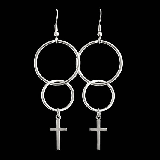 Silver Faith Is Key Christian earrings with double rings and dangling cross charms