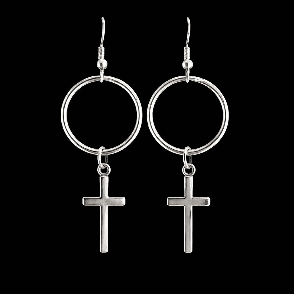 Silver Faith Is Key Christian earrings with a single ring and dangling cross charms