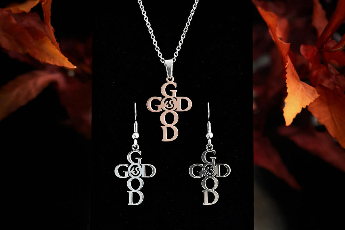 Silver God is Good Christian necklace with matching earrings
