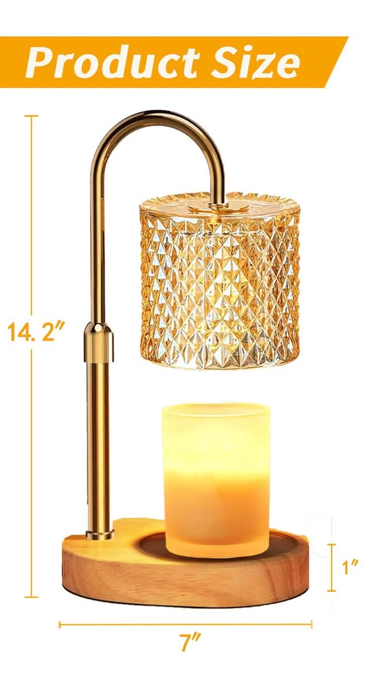 Gold crystal candle warmer lamp with wooden base showing product dimensions