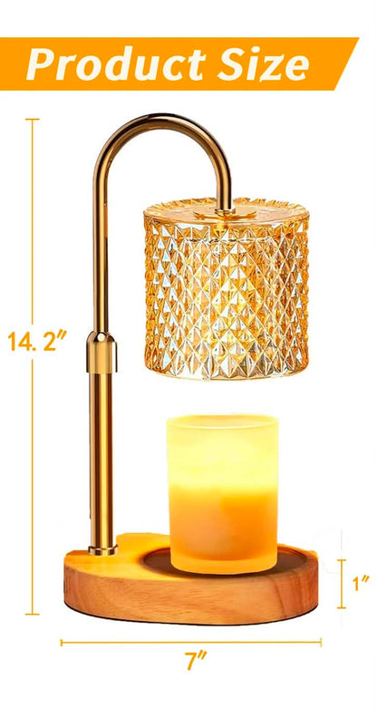 Gold crystal candle warmer lamp with wooden base showing product dimensions