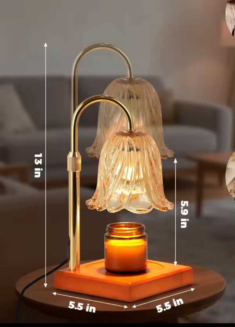 Gold candle warmer lamp with floral glass shade showing adjustable height and dimensions