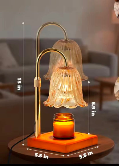 Gold candle warmer lamp with floral glass shade showing adjustable height and dimensions