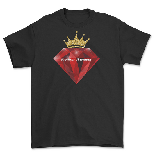 Black Proverbs 31 Christian T-shirt with red gemstone and gold crown design
