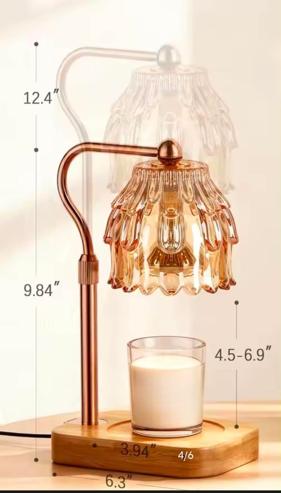 Rose gold candle warmer lamp with floral glass shade showing adjustable height and dimensions