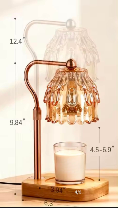 Rose gold candle warmer lamp with floral glass shade showing adjustable height and dimensions