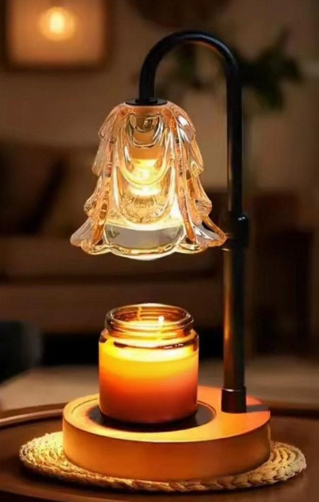 Wooden-base candle warmer lamp with a scalloped glass shade design warming a jar candle