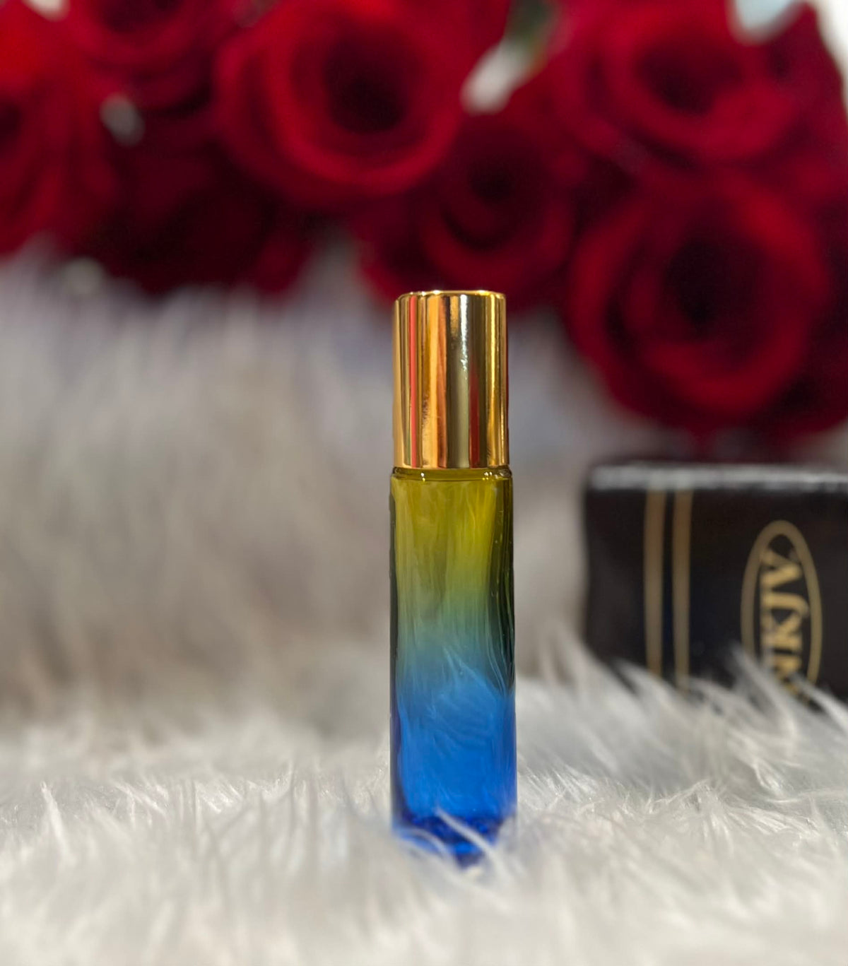 Yellow and blue ombre glass anointing oil roller bottle